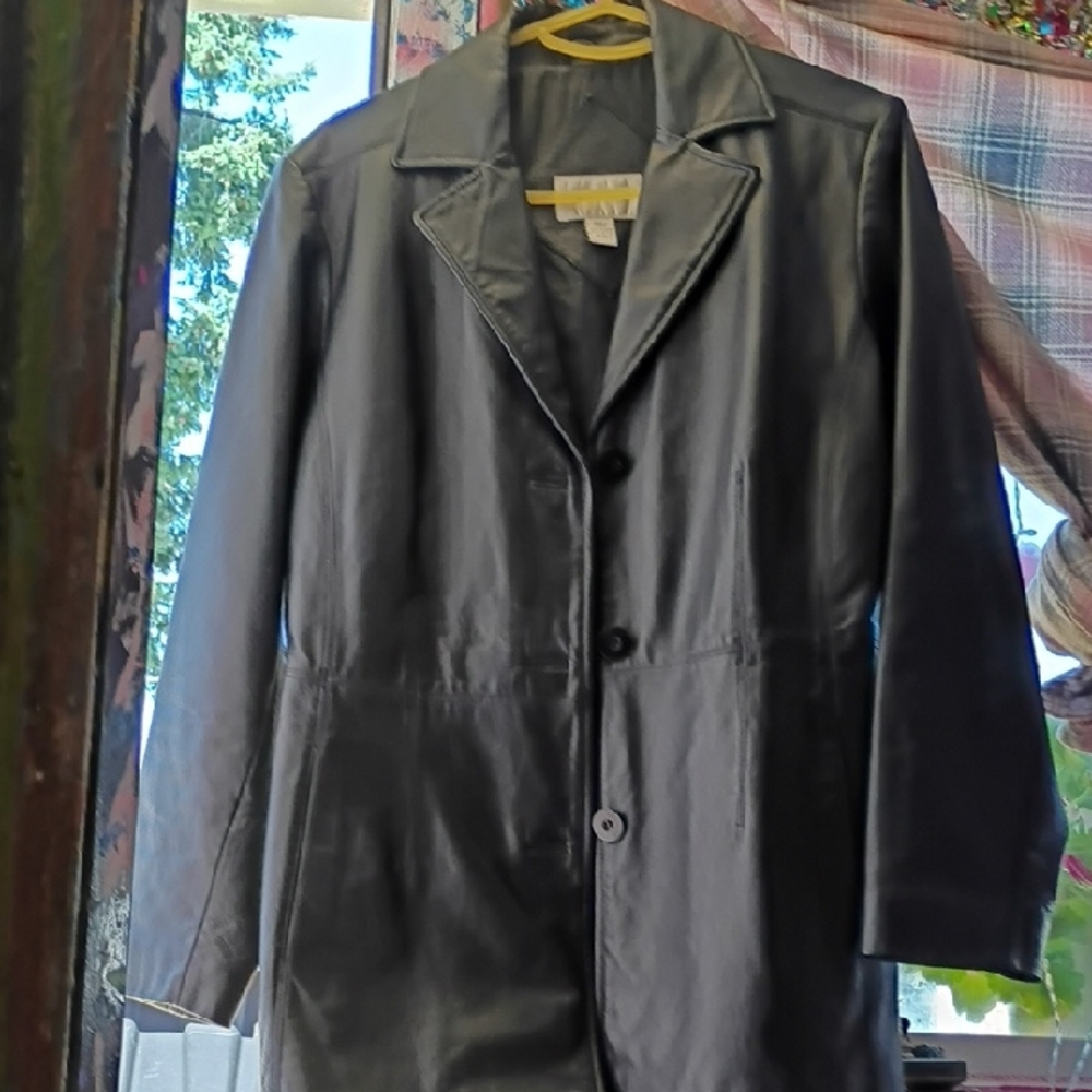 Black Leather Jacket with Notched Lapel Collar